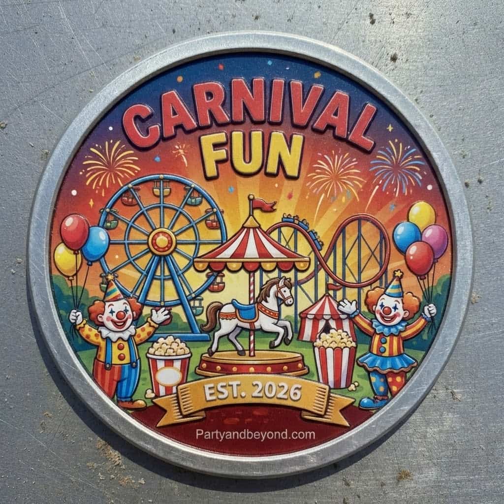 Colorful carnival-themed sign with clowns, ferris wheel, and popcorn for kids' celebration.