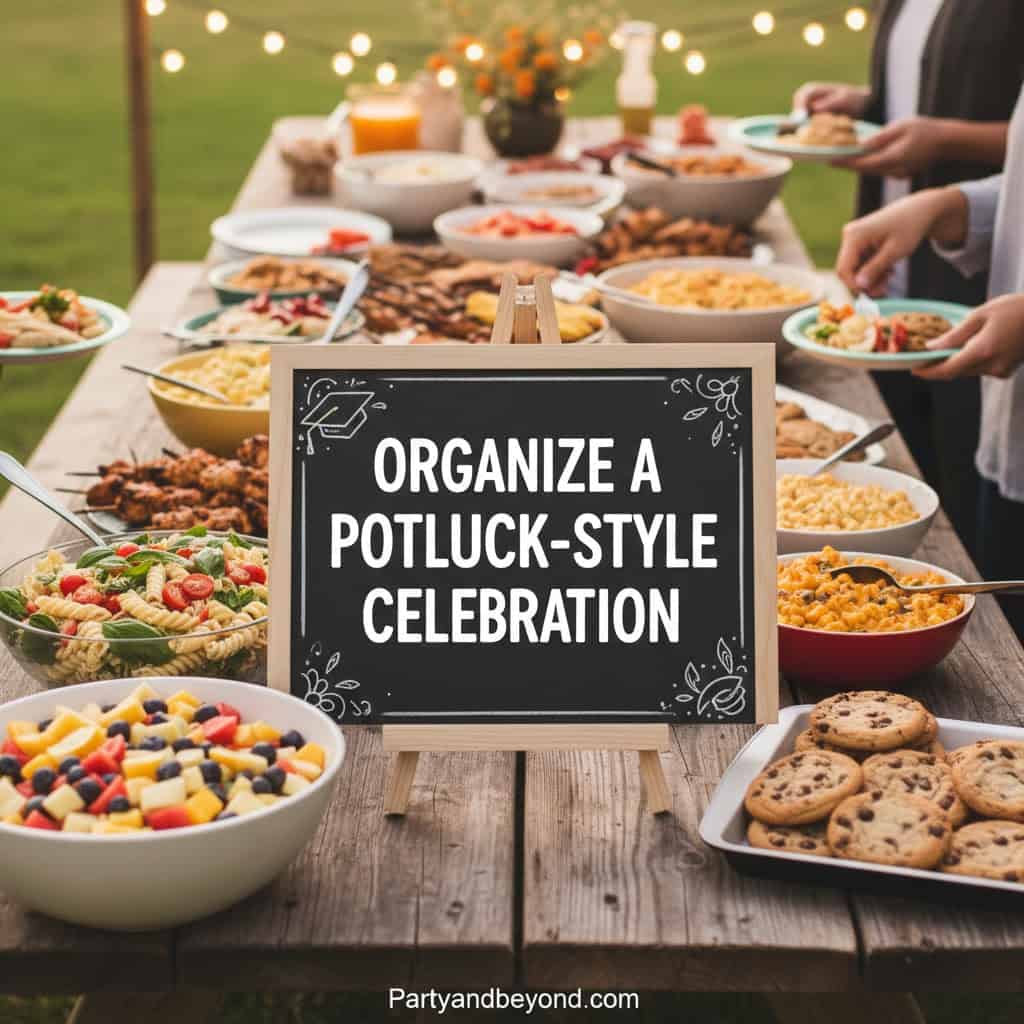 Graduation party setup with a variety of delicious dishes and a chalkboard sign encouraging potluck-.