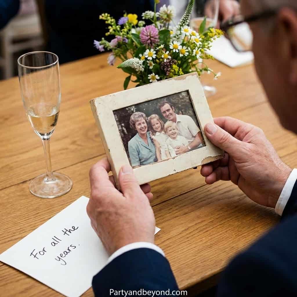 Person holding a framed family photo at a birthday celebration with flowers and champagne.