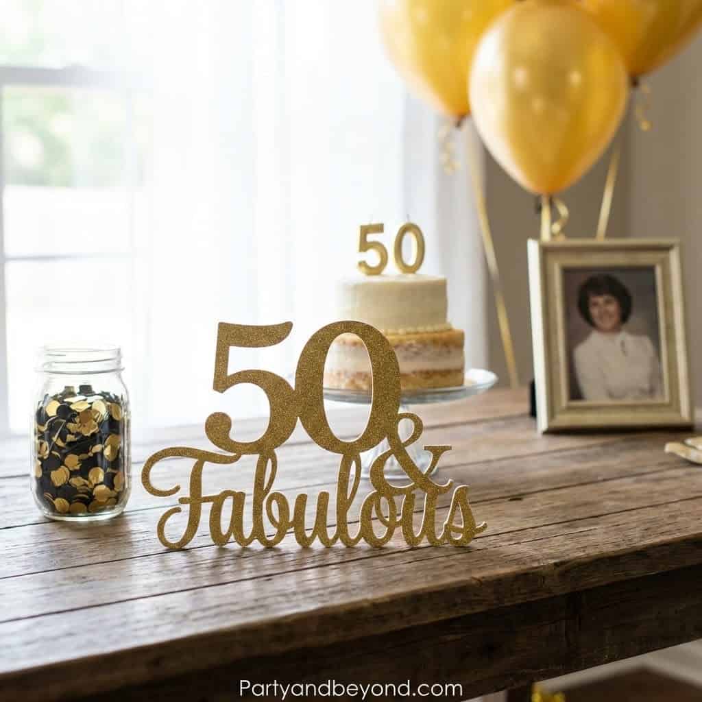 Elegant 50th birthday cake with "50" topper and "50 & Fabulous" sign for milestone celebrations.