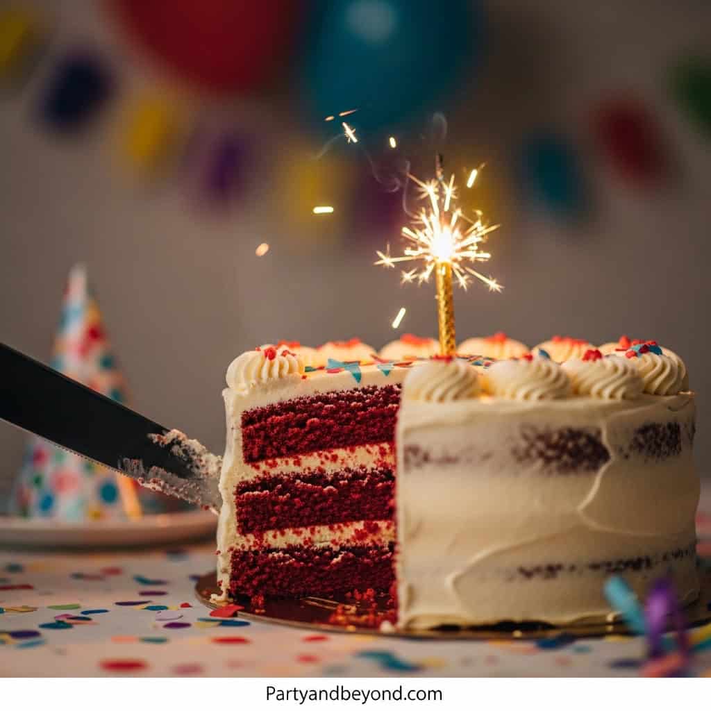 Delicious layered birthday cake with sparkler for adult celebration.