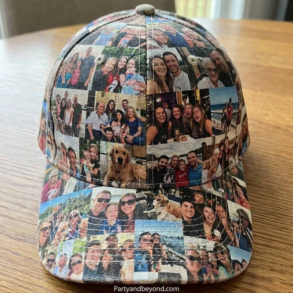 Custom photo collage cap for graduation celebrations and parties.