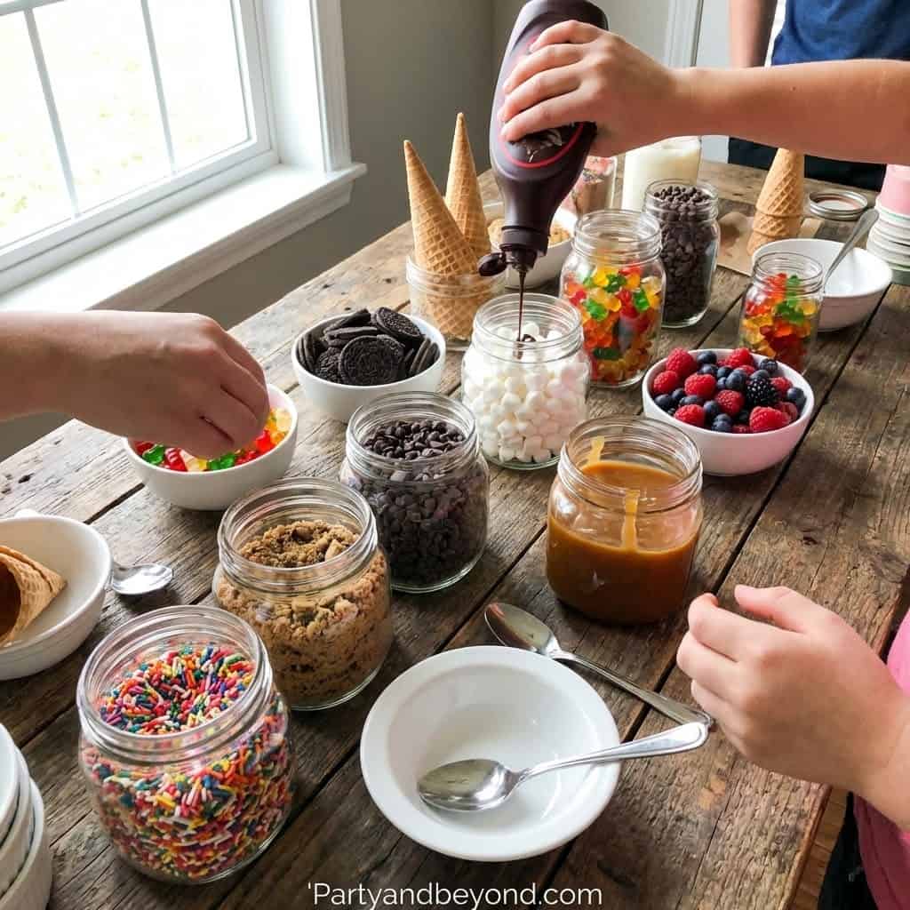 Colorful dessert table with toppings and candies for graduation party.