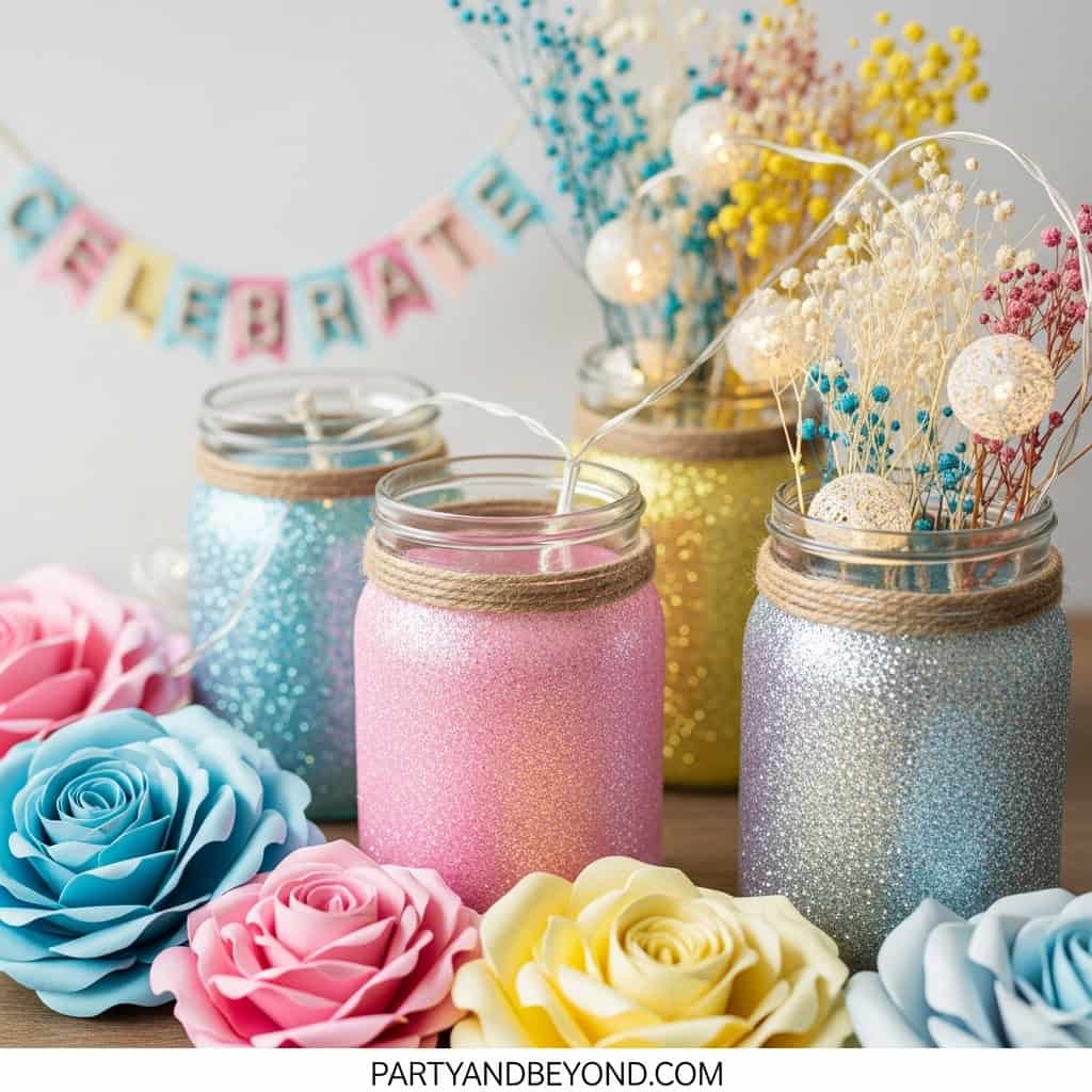 Colorful glitter mason jars with floral accents for adult party decor.