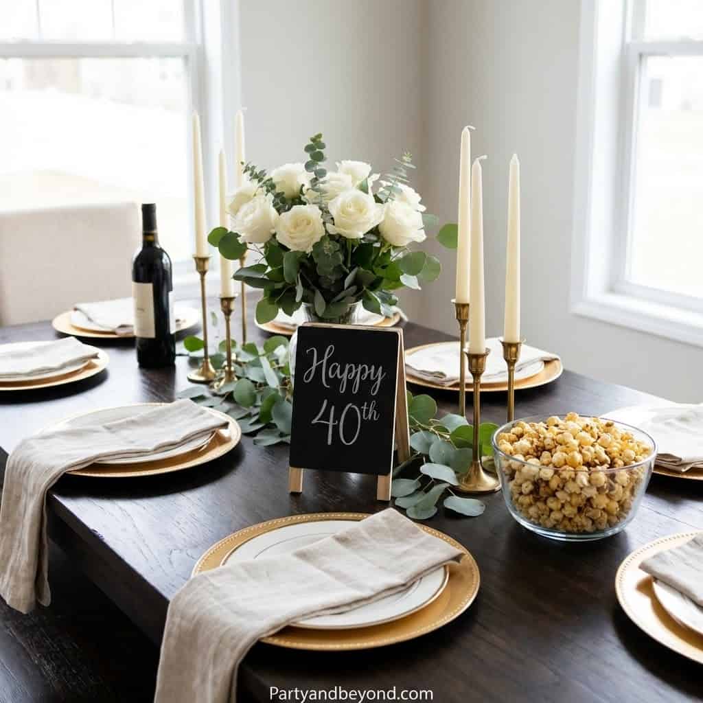 Elegant 40th birthday table with floral centerpiece and candles.