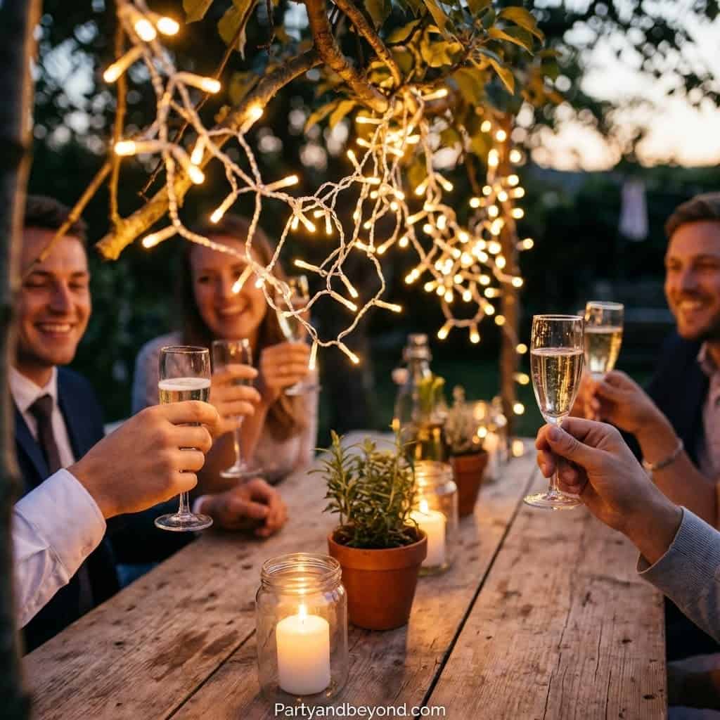 Friends celebrating with champagne under string lights at garden party.