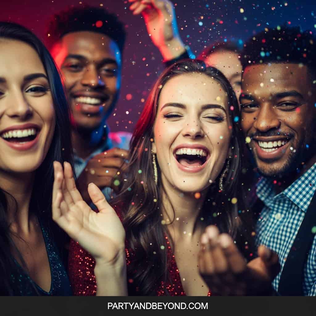 Vibrant group of friends enjoying a lively celebration with confetti and smiles. Perfect for festive.