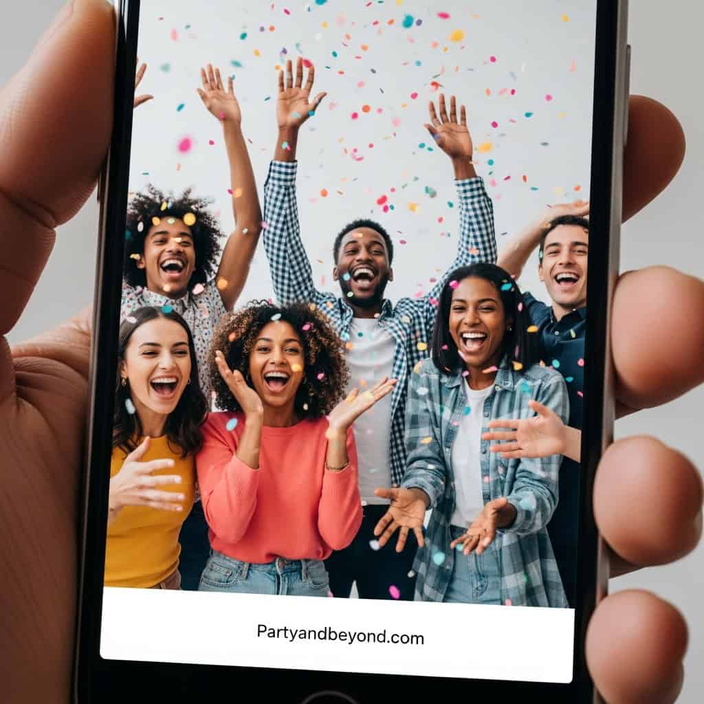 Group of diverse friends celebrating with confetti at a party.