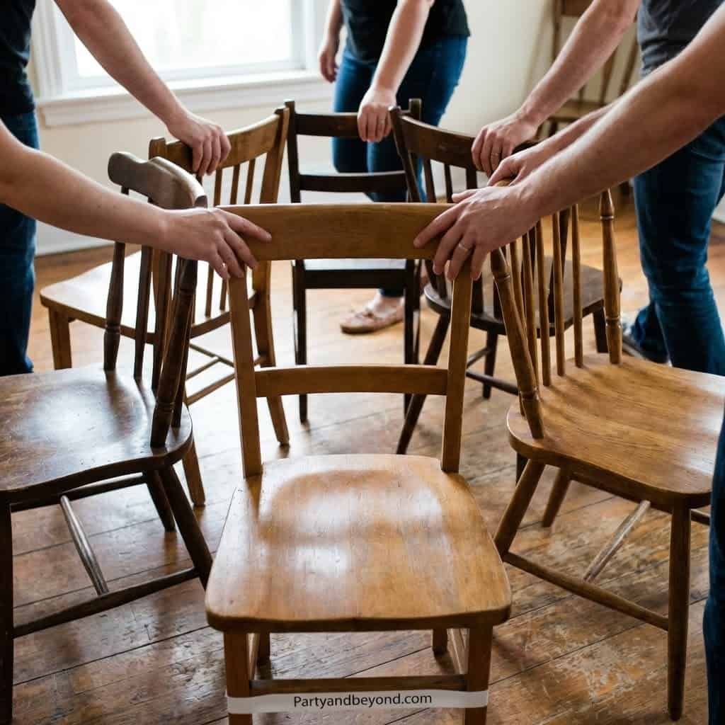 Kids' chairs being arranged for a fun indoor birthday party game.