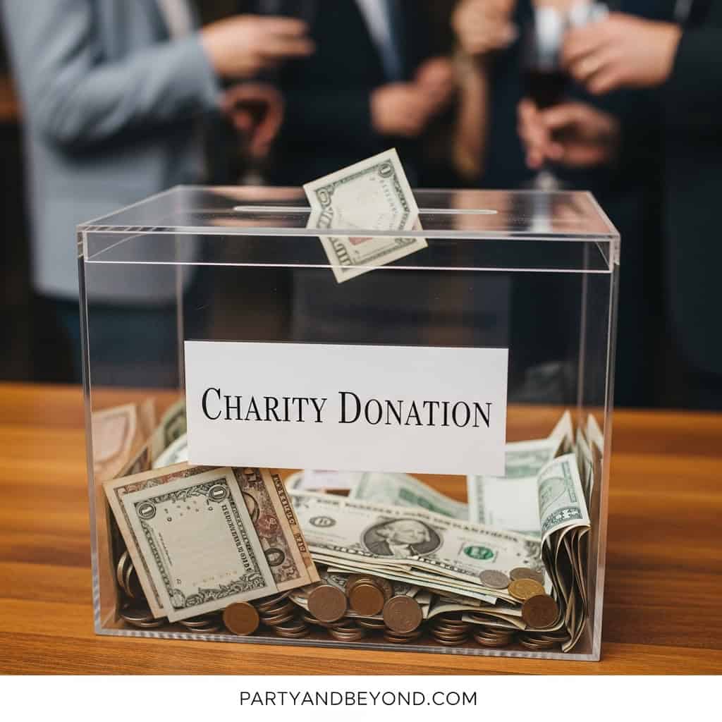 Transparent donation box with cash and coins for charity at a party event.