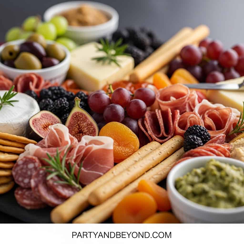 Delicious cheese, meats, fruits, and crackers on a party platter, perfect for hosting a dim sum and.