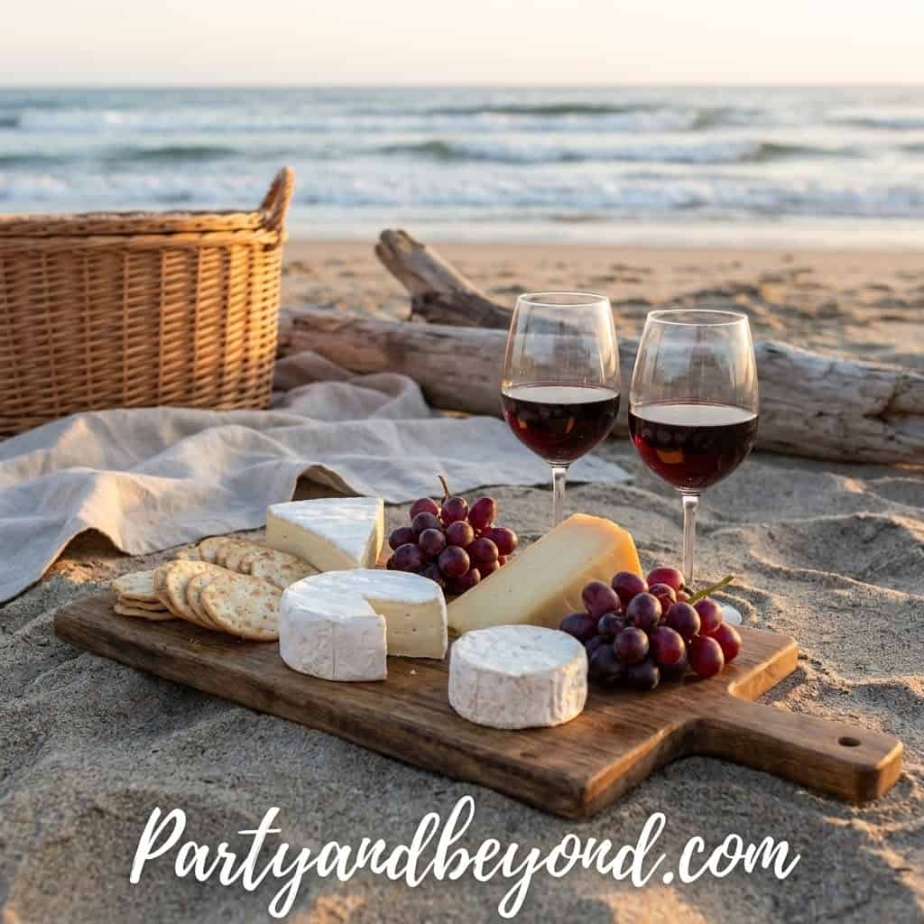 Cheese and wine setup on the beach for a beach birthday party.