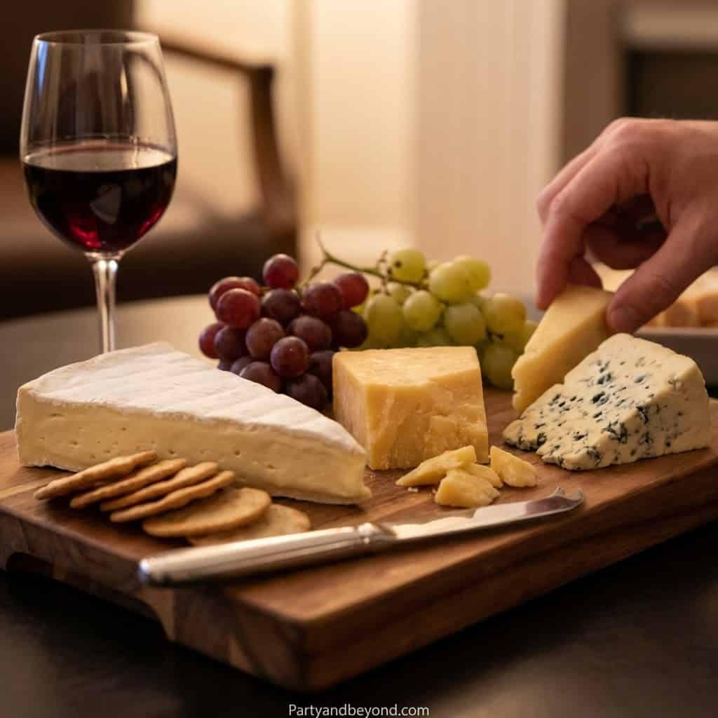 Cheese platter with grapes and wine for stylish adult birthday celebration.
