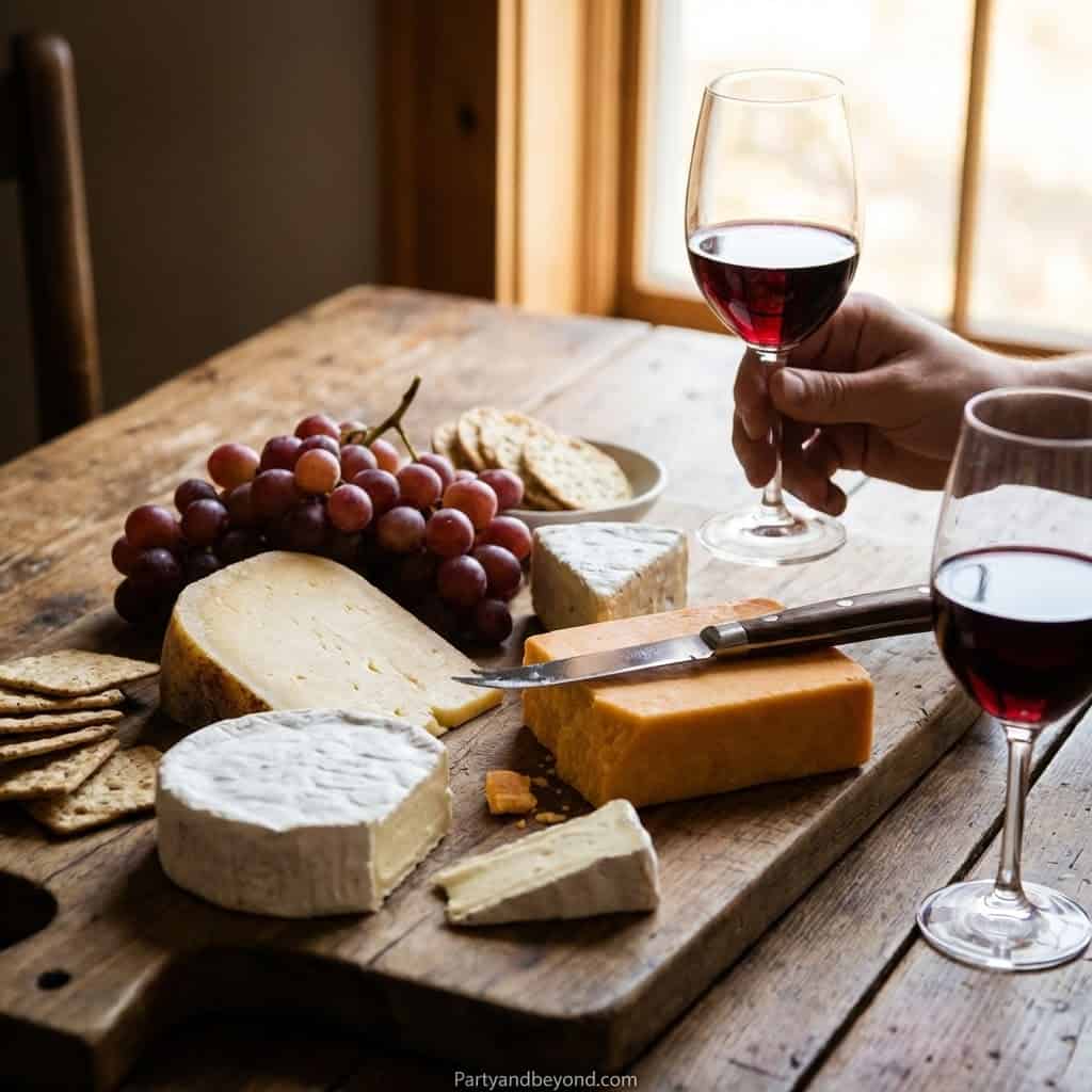 Cheese and wine tasting with grapes on a rustic wooden table, perfect for a house party gathering.