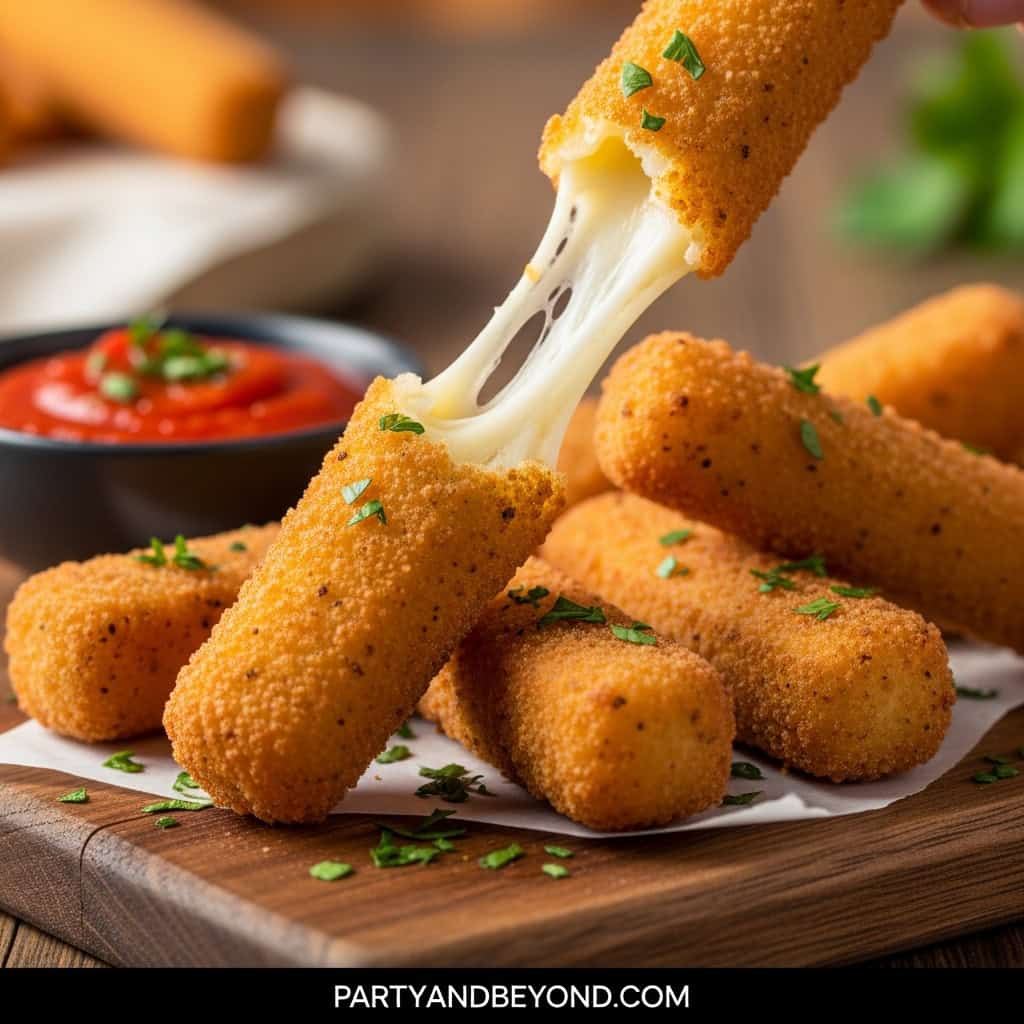 Delicious cheesy mozzarella sticks with melted cheese pull. Perfect for Super Bowl snacks and party.