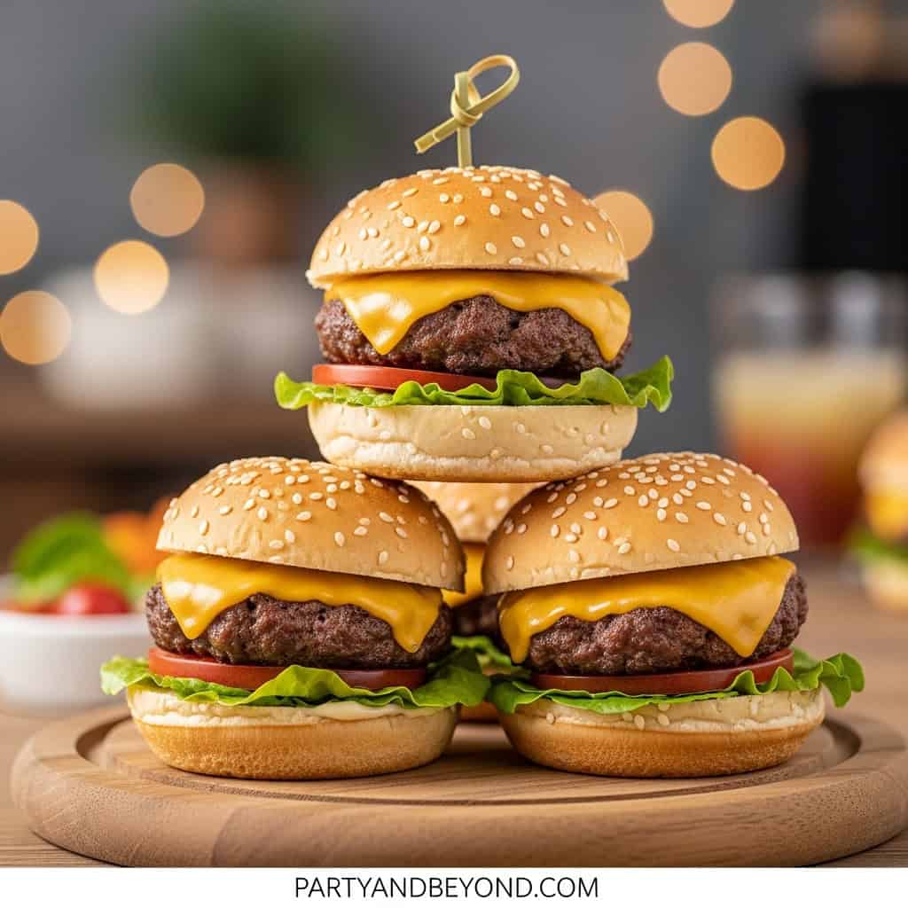 Delicious cheeseburger sliders with beef patties, cheese, lettuce, and tomato, perfect for Super Bow.