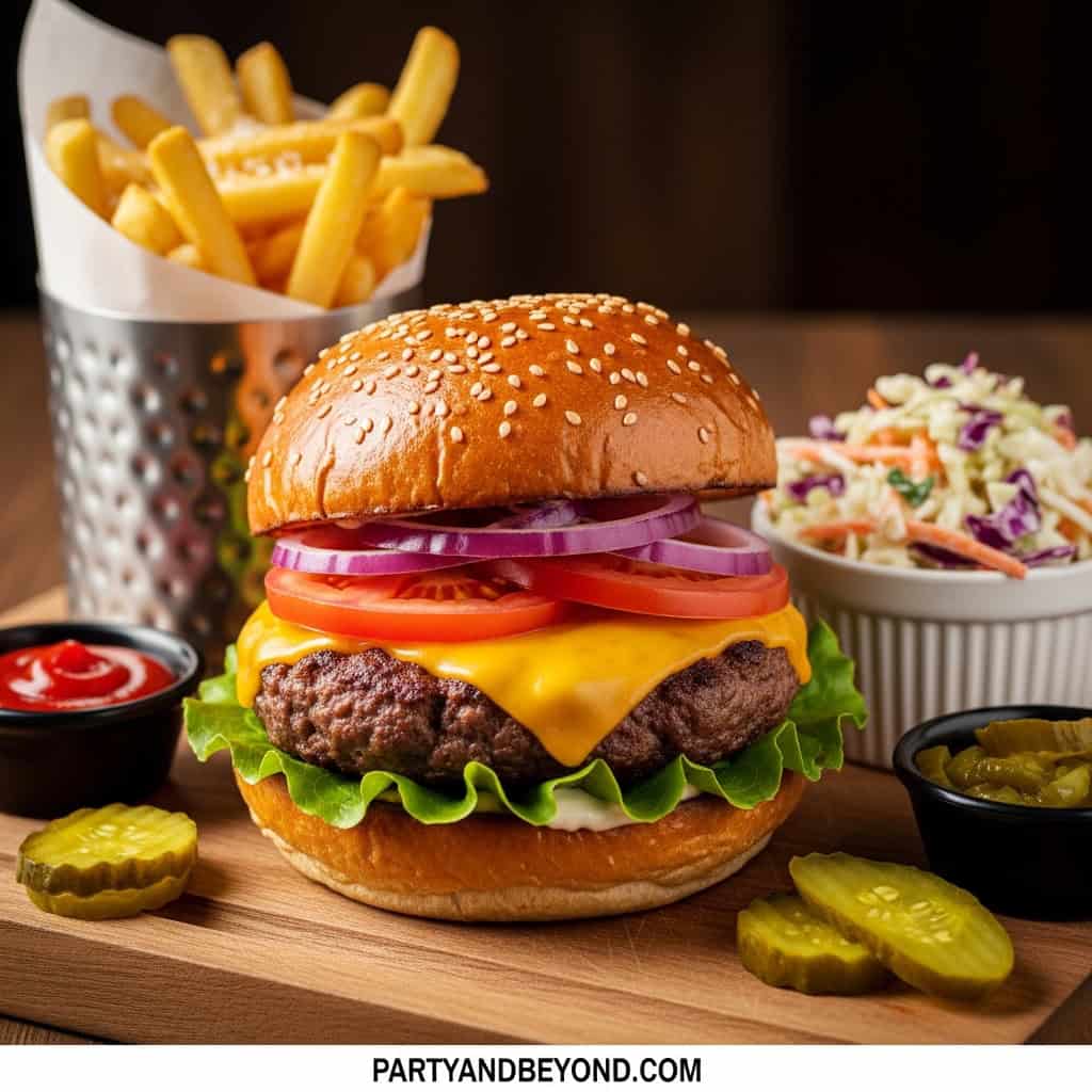 Delicious cheeseburger with fresh lettuce, tomato, onion, melted cheese, served with fries and pickl.