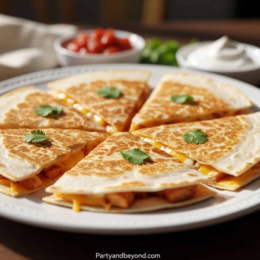 Delicious cheesy chicken quesadilla sliced into wedges, perfect for Super Bowl snacks.