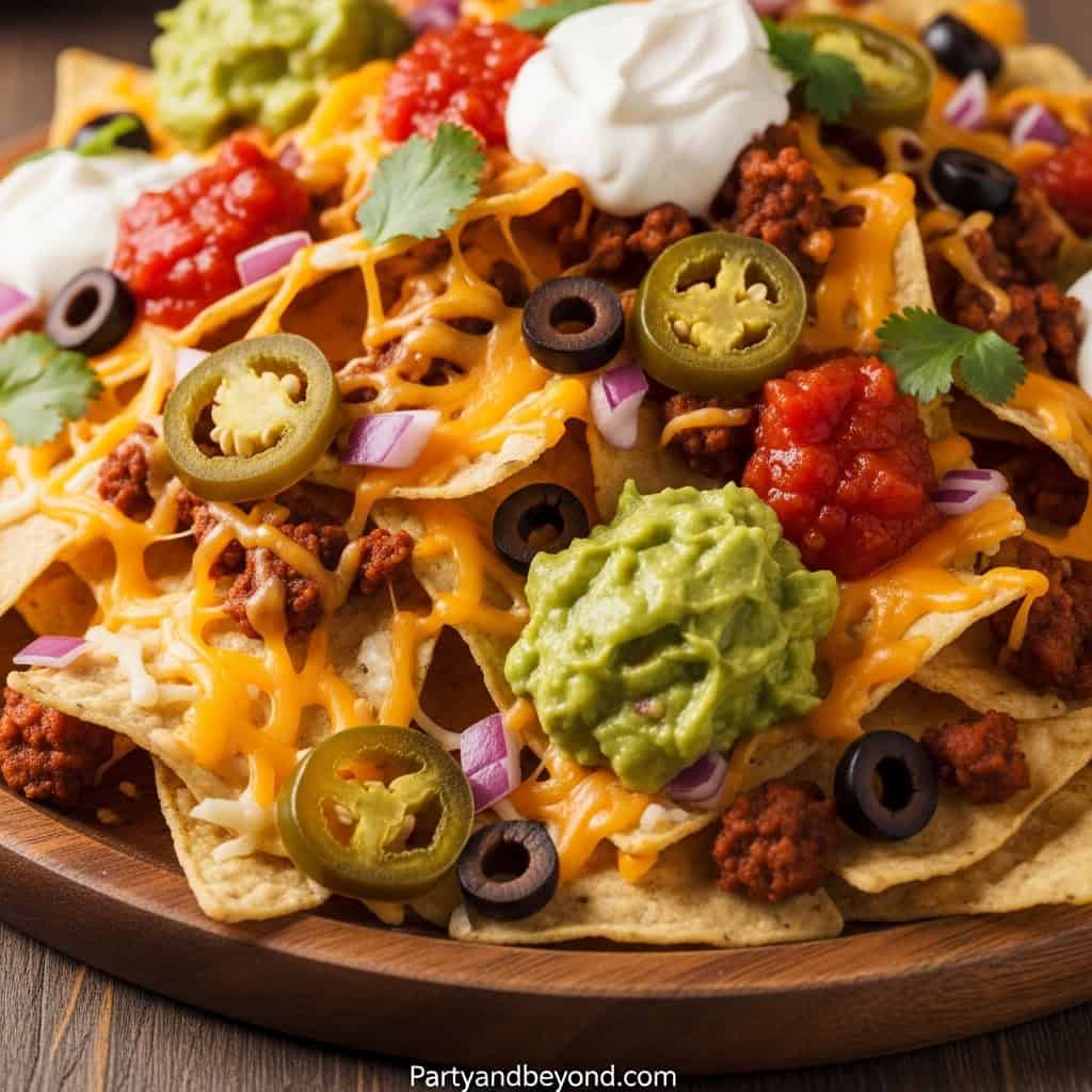 Delicious loaded nachos with cheese, jalapenos, guacamole, and toppings for game day.