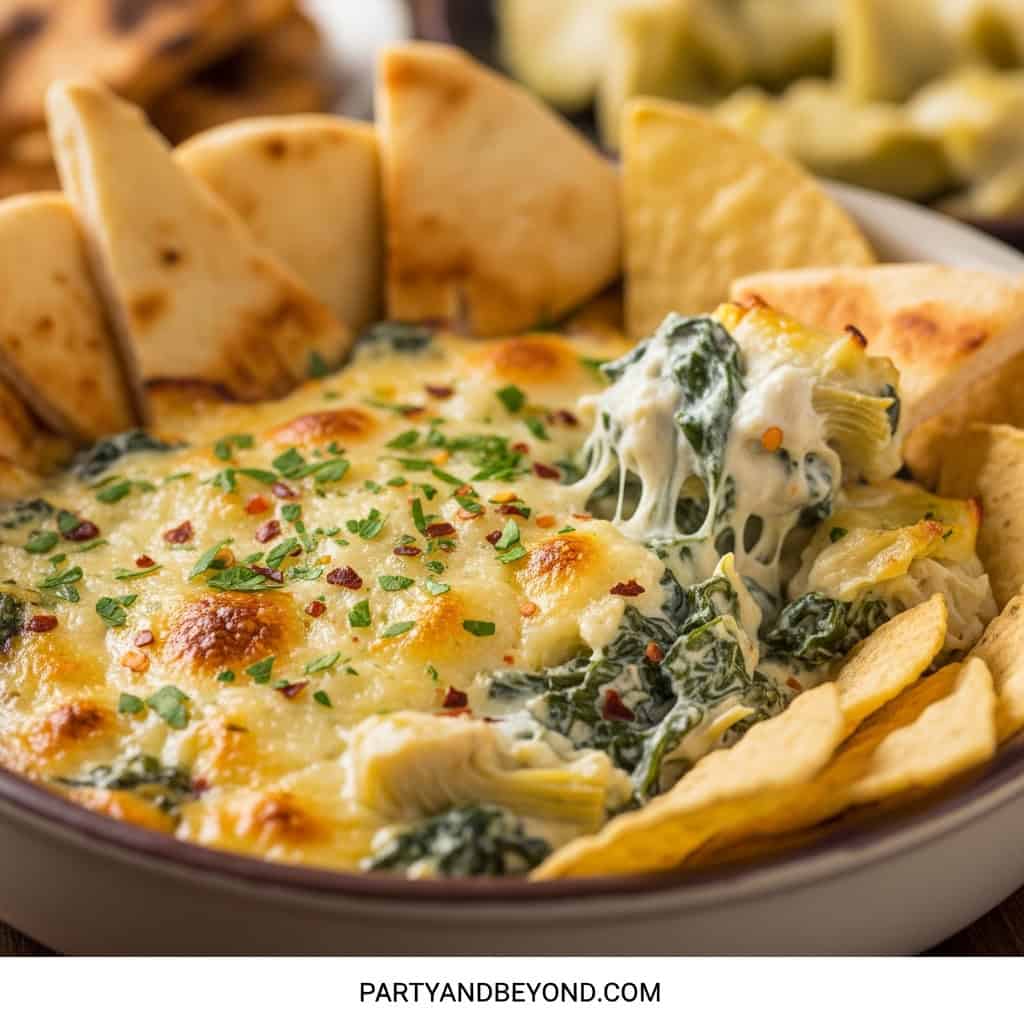Delicious cheesy spinach dip served with crispy chips, perfect for Super Bowl snacks and party gathe.