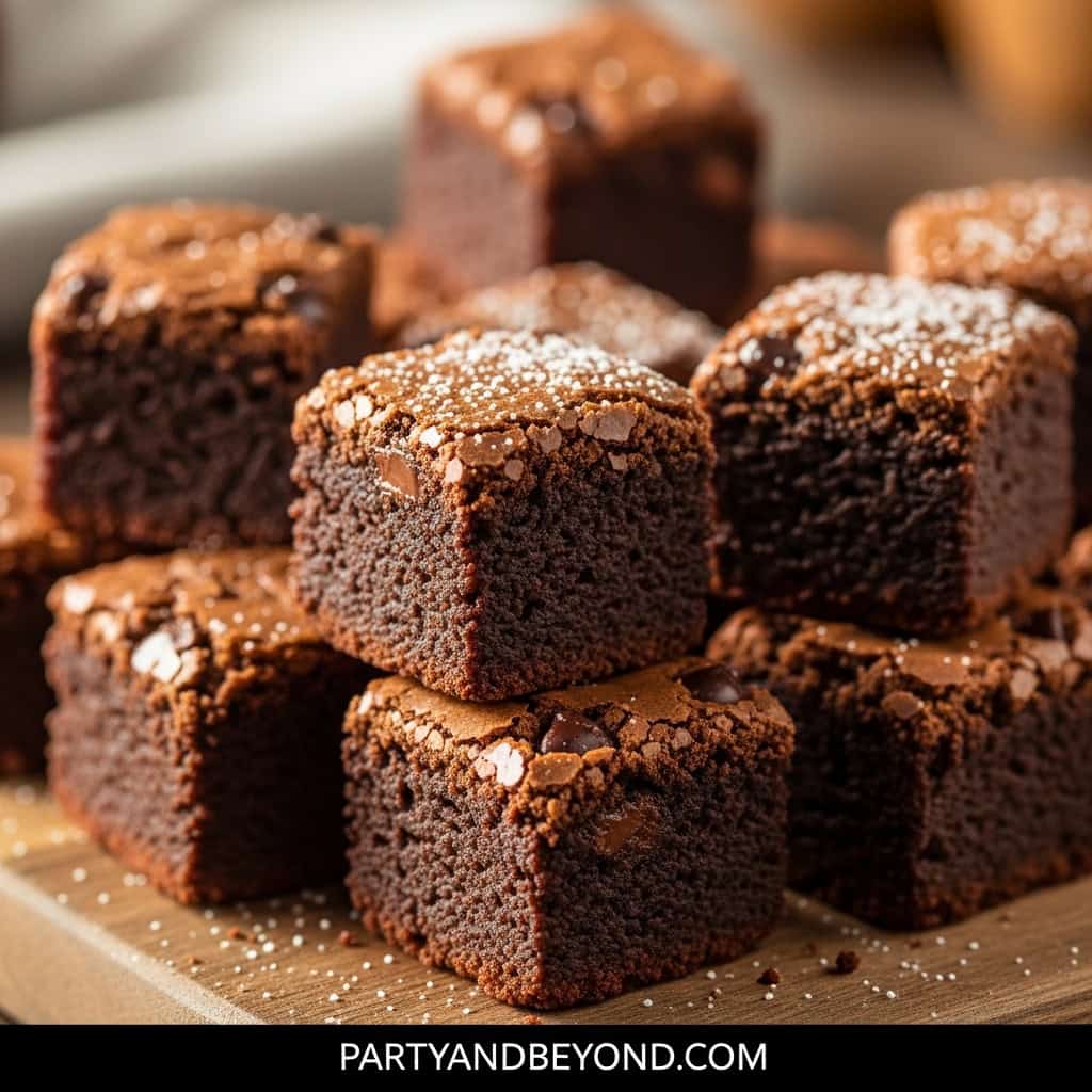 Delicious chocolate brownies topped with powdered sugar, perfect for Super Bowl snacks.