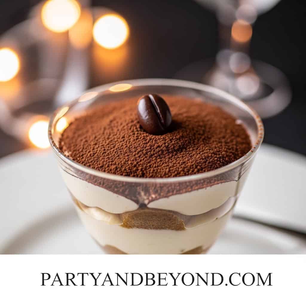 Delicious chocolate tiramisu served in a glass with cocoa powder and coffee bean topping.