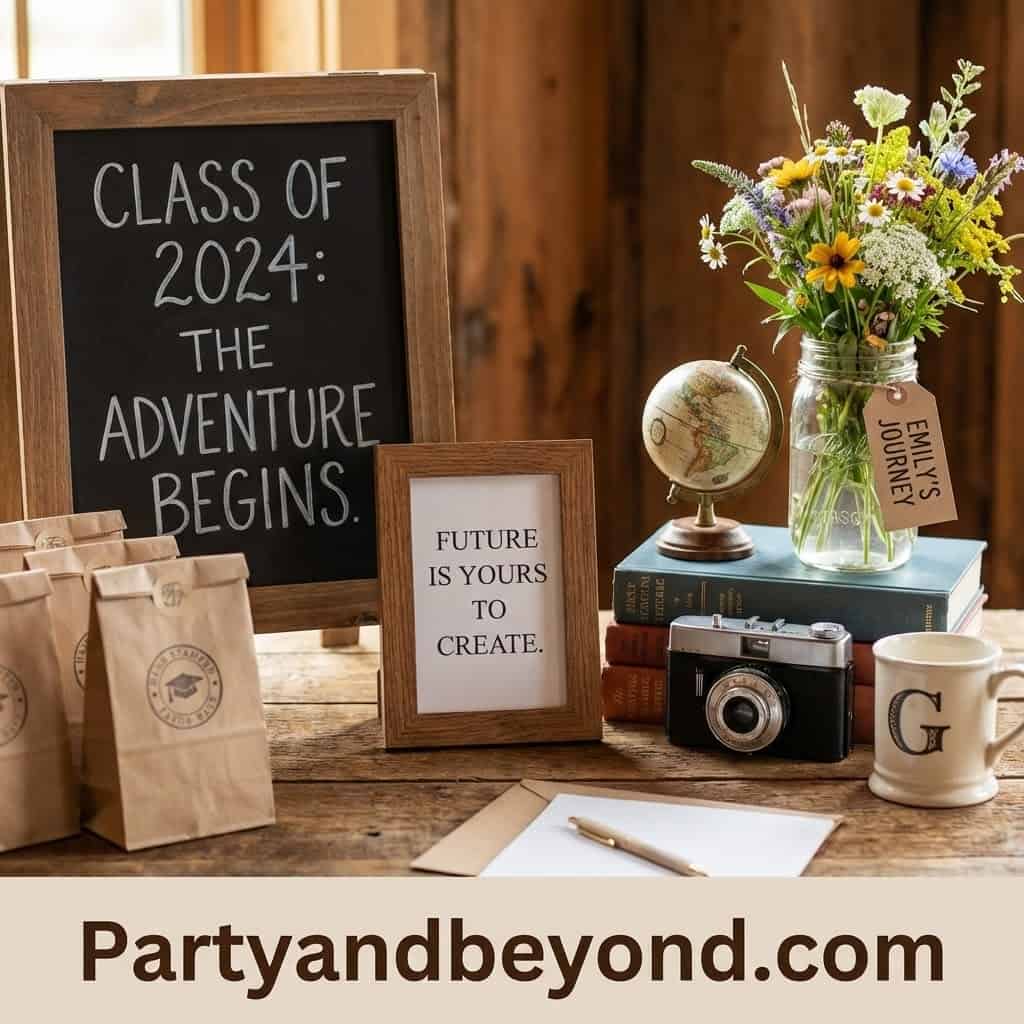 Class of 2024 graduation decor with flowers, globe, and camera.