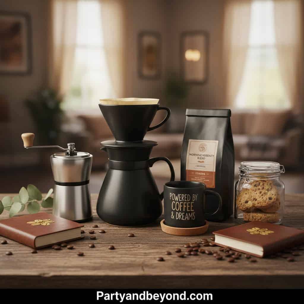 Coffee brewing set with grinder, beans, and accessories for adult party gifts.