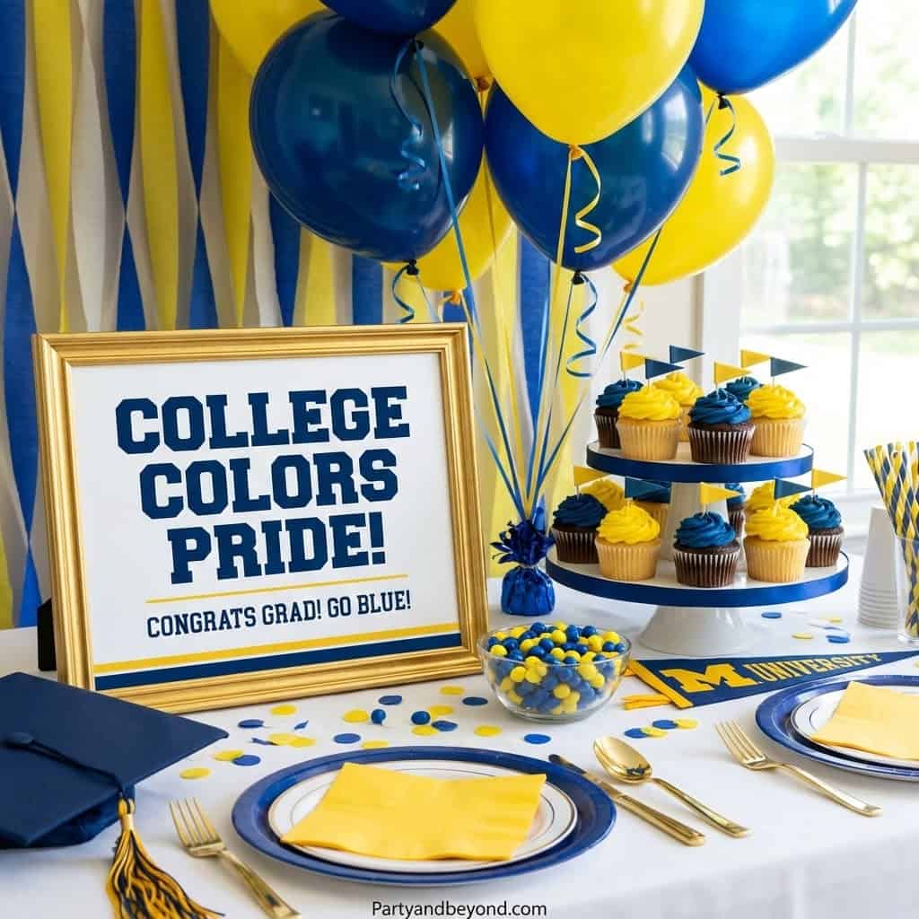 Blue and yellow graduation party table with balloons, cupcakes, and themed decorations.