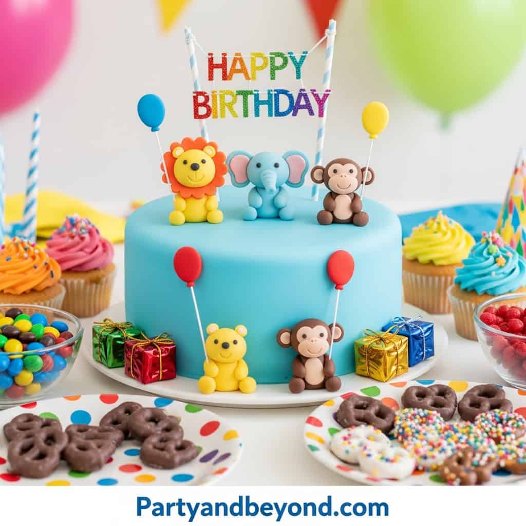 Vibrant birthday cake decorated with animal figures, balloons, and candies for a joyful party atmosp.
