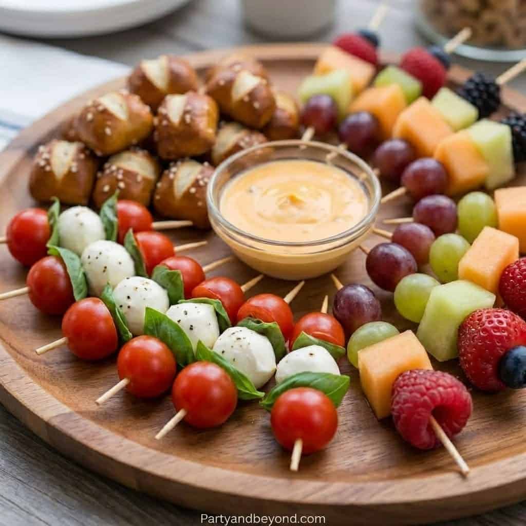 Vibrant fruit skewers and sweet treats perfect for a Finding Nemo birthday party setup.