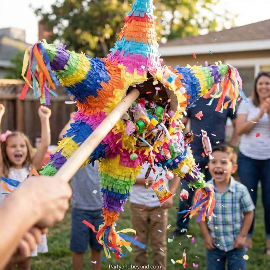 Vibrant piñata filled with candies during a fun kids' birthday celebration.