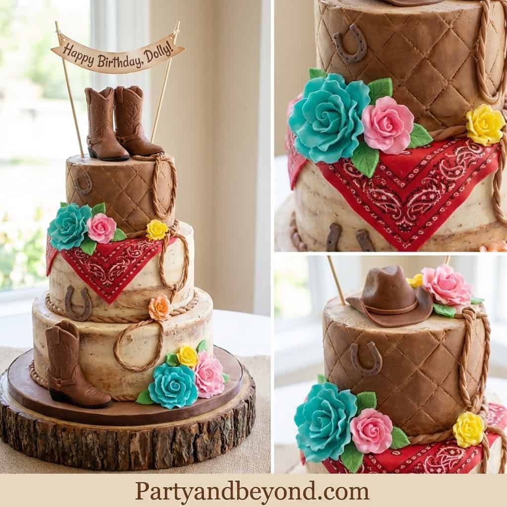 Elegant cowgirl-themed birthday cake with flowers, boots, and bandana accents for a western celebrat.