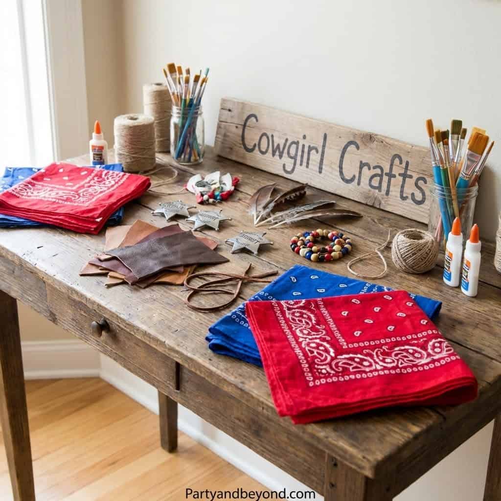 Cowgirl craft supplies for birthday party with bandanas, paints, and decorations.