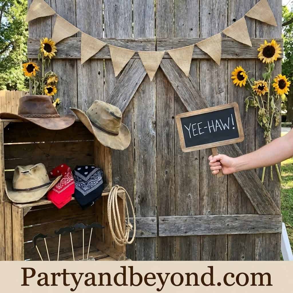 Rustic cowgirl-themed party decor with hats, sunflowers, and a chalkboard sign.