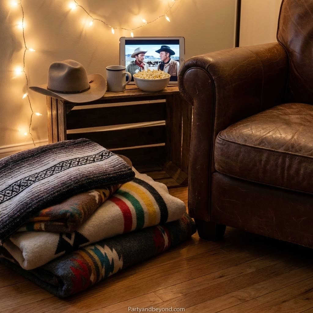 Cozy indoor movie night with cowboy hats, blankets, and warm lighting for a cowgirl-themed birthday.