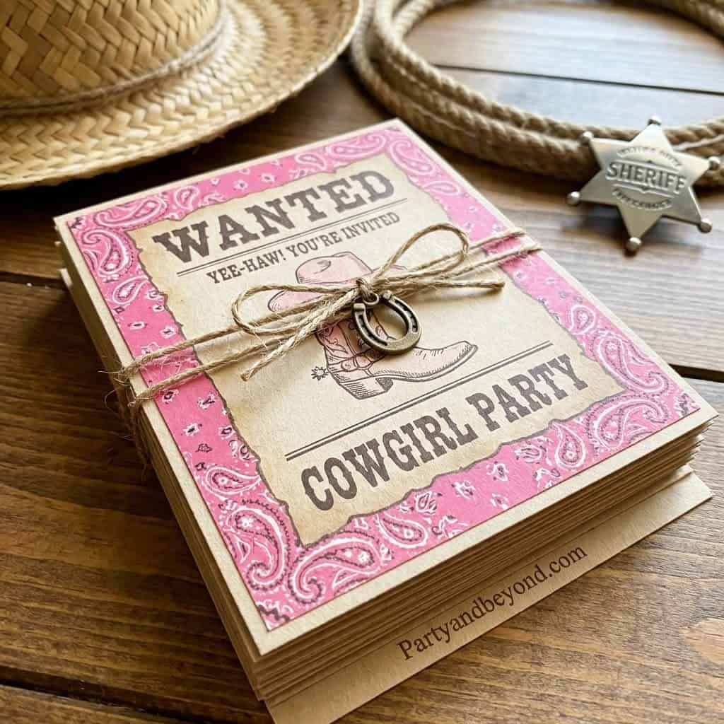 Cowgirl-themed birthday party invitation with sheriff badge and pink western design.