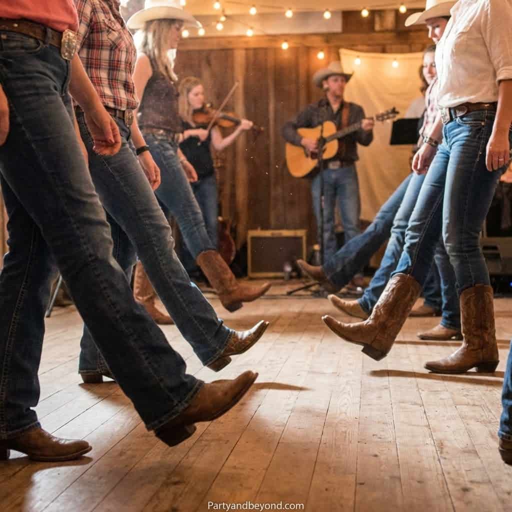 People line dancing at a cowgirl-themed birthday party with live country music.
