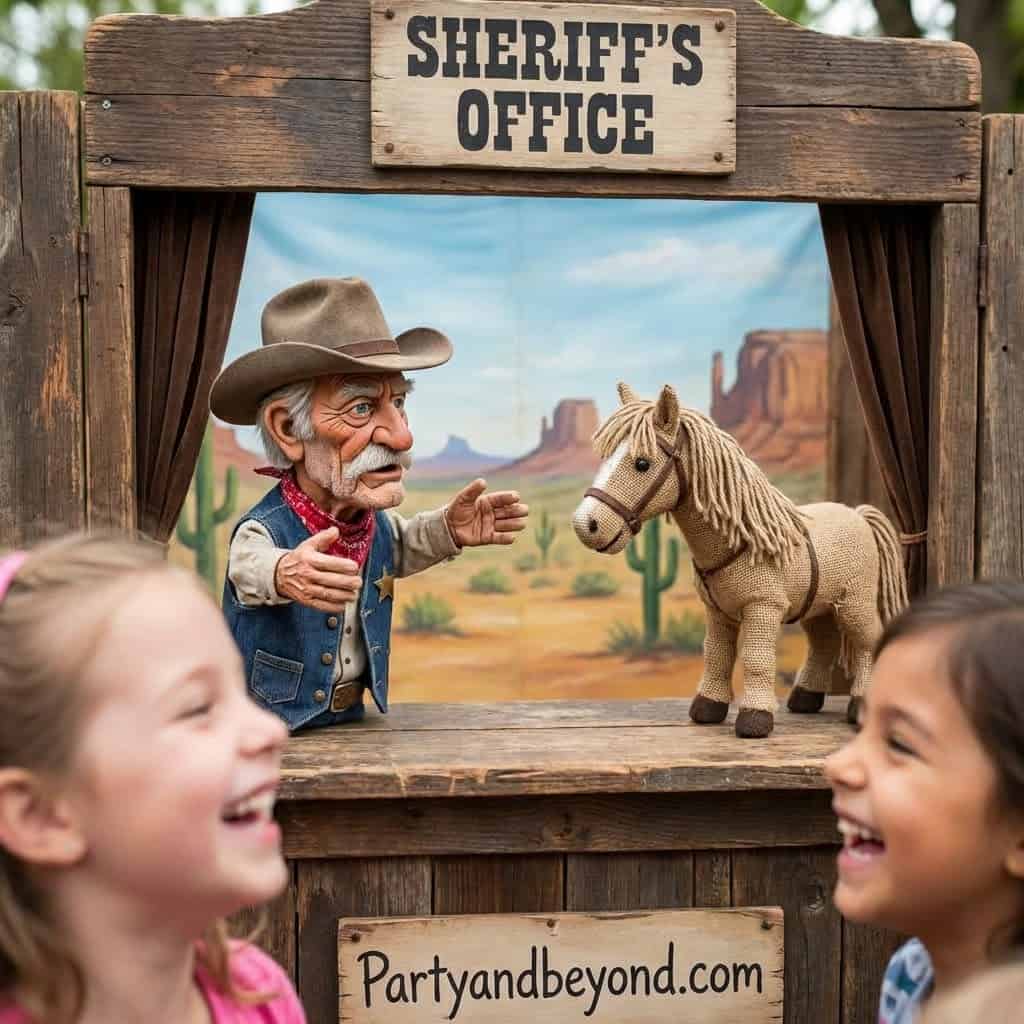 Kids enjoying a cowgirl-themed birthday party with a puppet show and western decor.