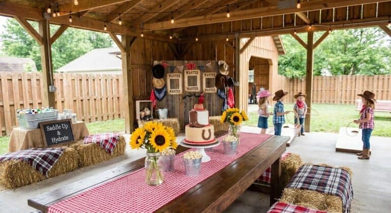 Colorful cowgirl-themed birthday party with sunflowers, cake, and kids in western costumes under a r.