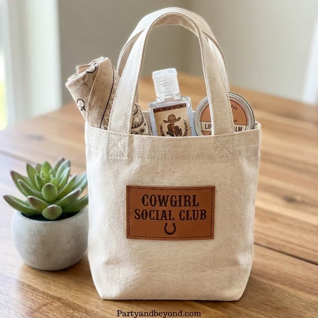 Cowgirl-themed party favor bag with toiletries and accessories for birthday fun.