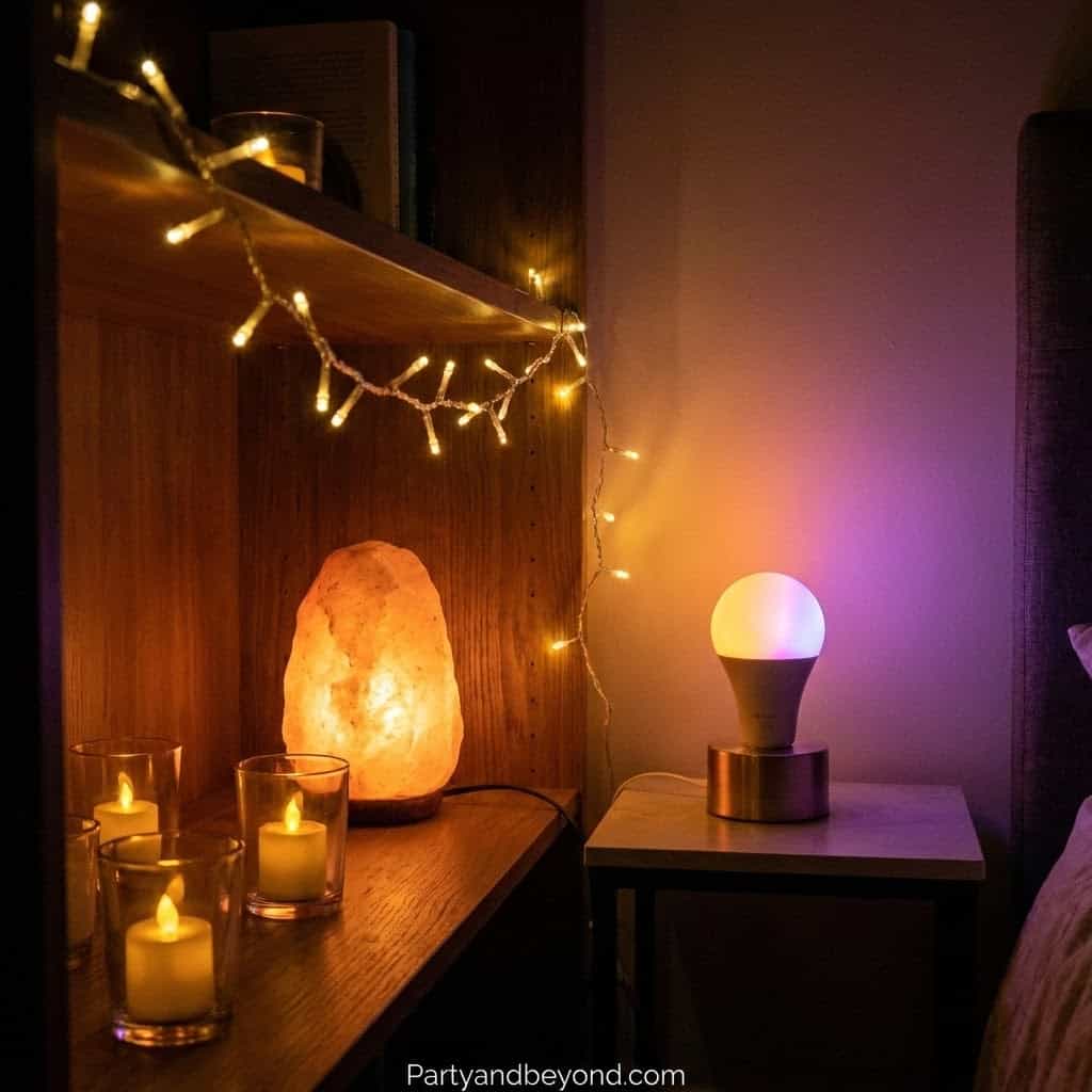 Salt lamp and LED night light create a warm, relaxing atmosphere in a bedroom or living space.