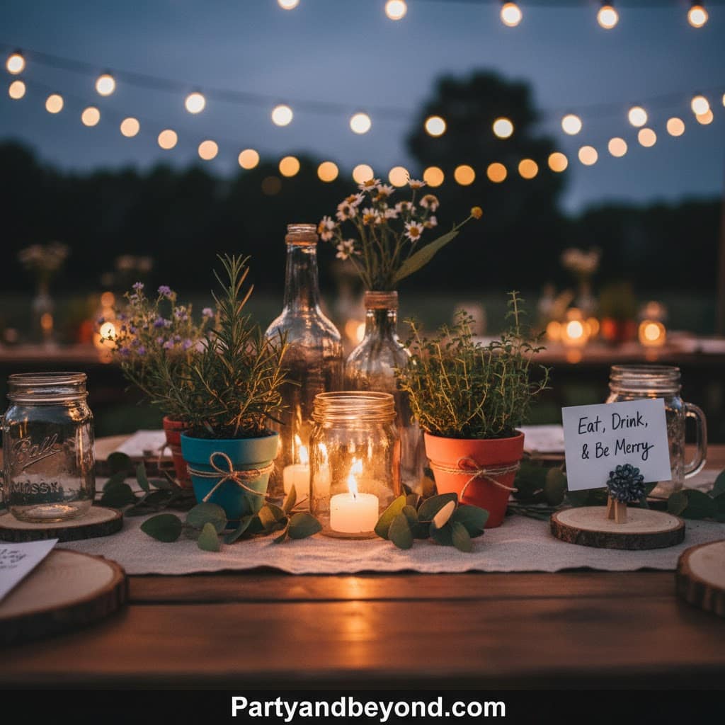 Outdoor backyard birthday celebration with candles, flowers, and string lights. Perfect for budget-f.