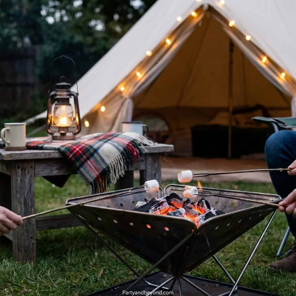 Outdoor camping with a tent and fire pit for birthday celebrations.