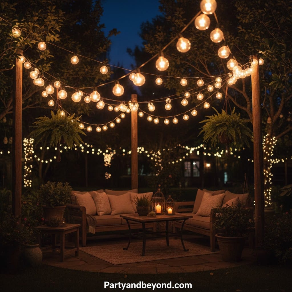 Outdoor backyard party with string lights and cozy seating area.