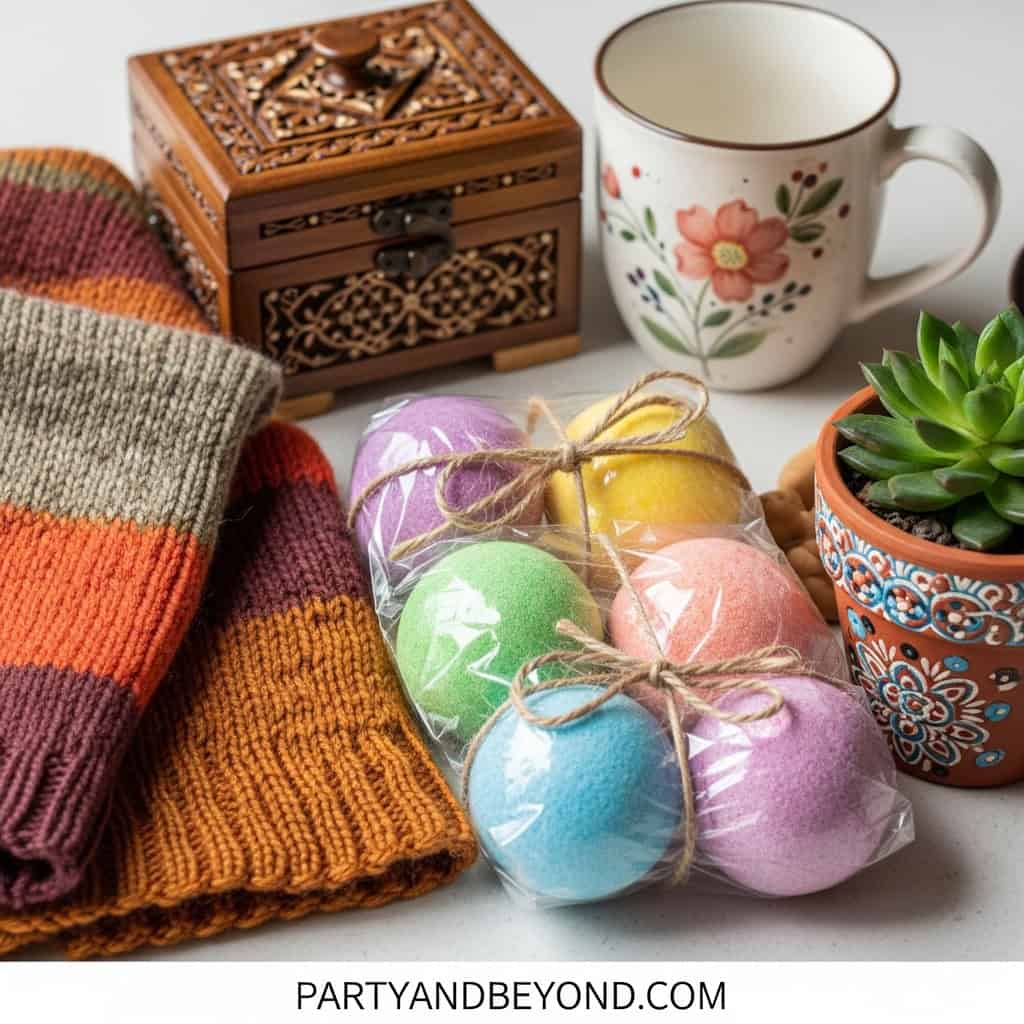 Colorful bath bombs, cozy socks, and decorative mug for adult party gifts and hacks.