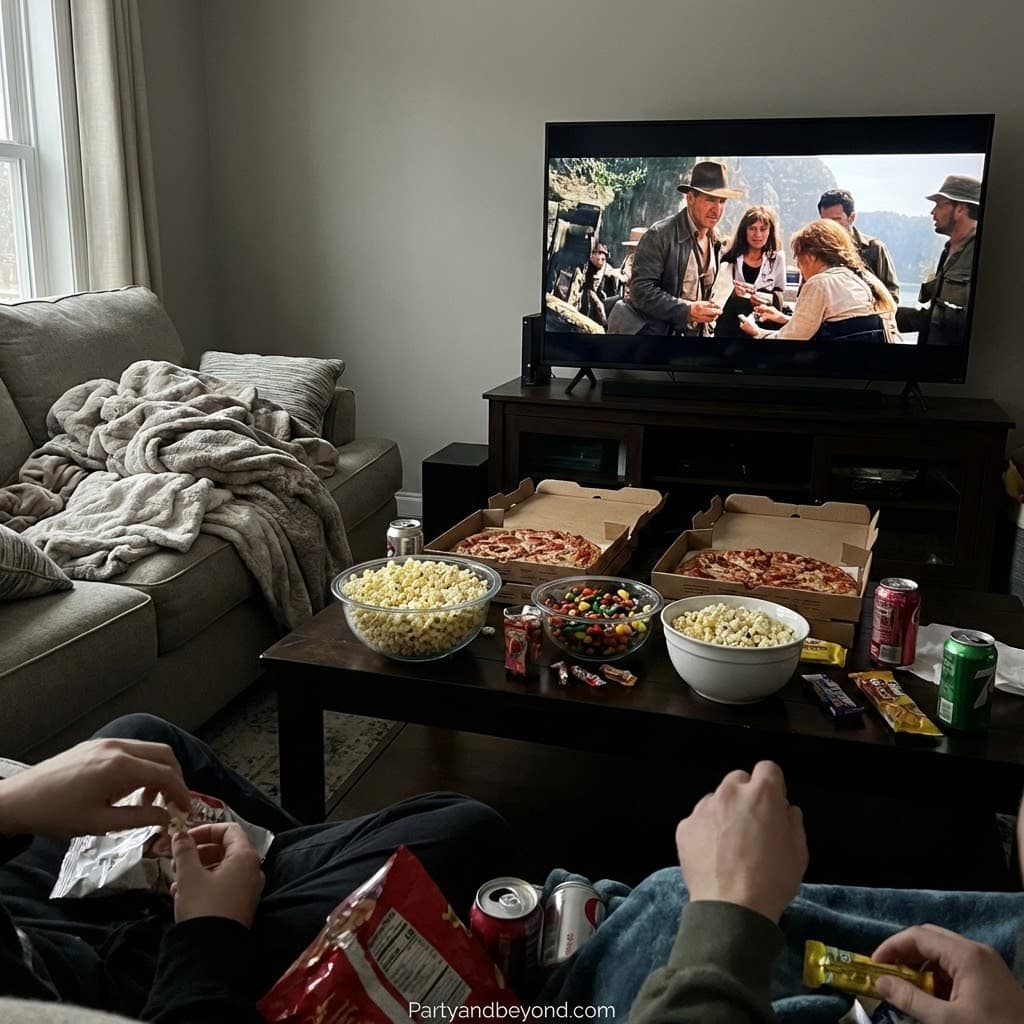 Friends enjoying a movie night with pizza, snacks, and drinks at home.