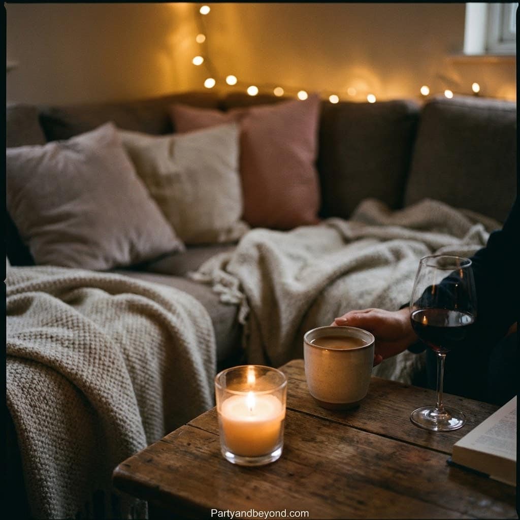 Intimate house party scene with candles, wine, and cozy seating for a memorable gathering.