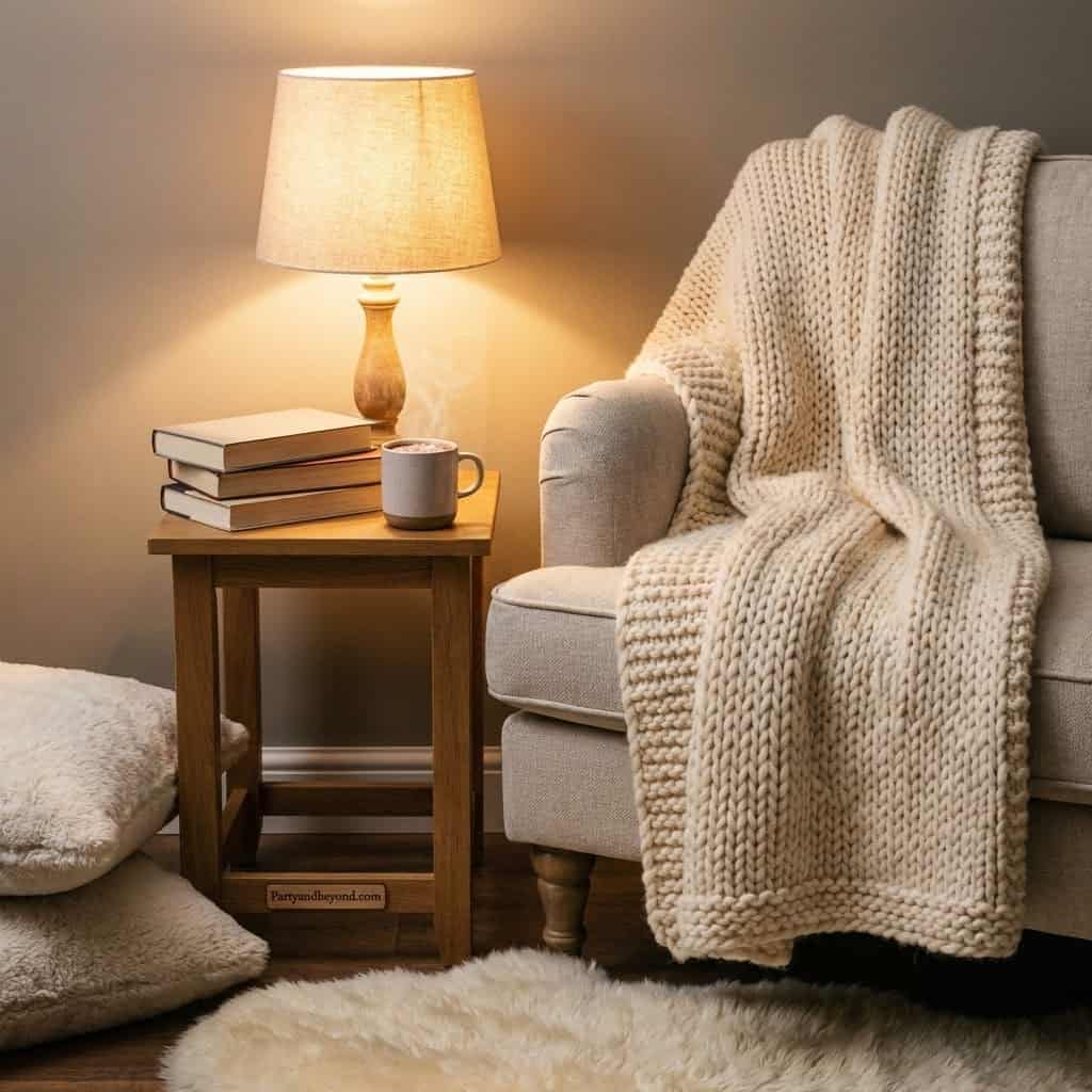 Comfortable living room with cozy blanket, lamp, and books for relaxing spa-inspired ambiance.