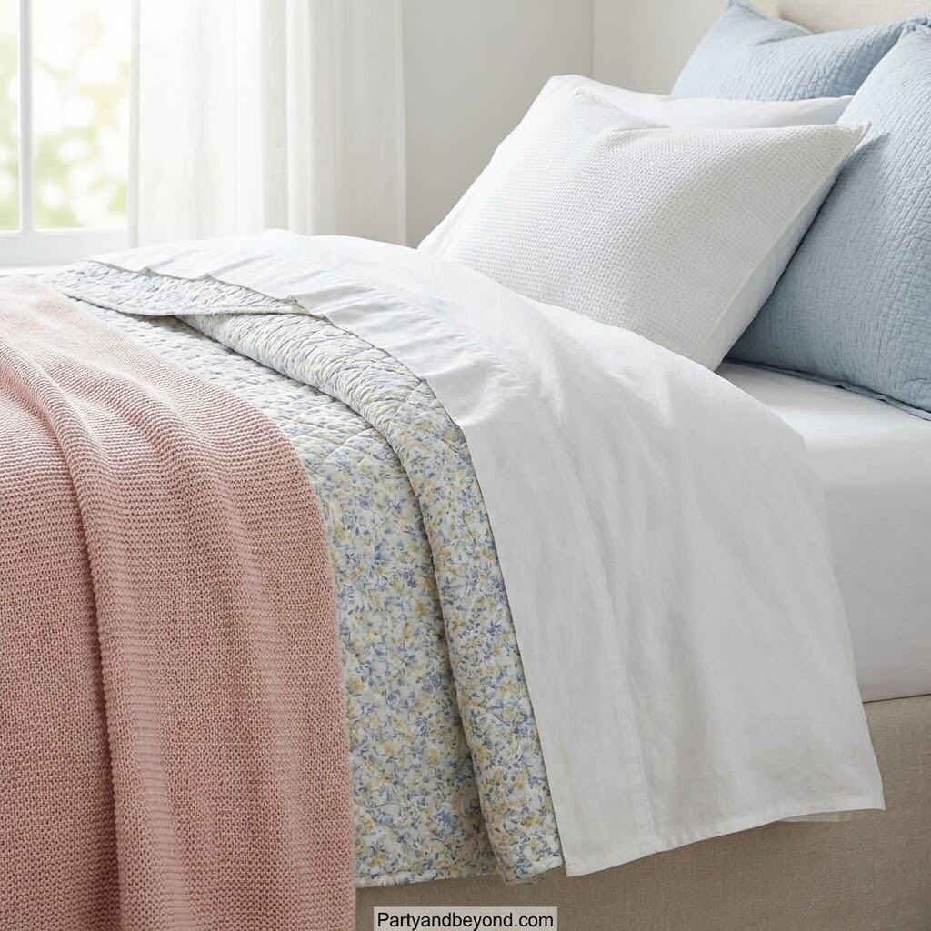Bright and airy bedroom with fresh spring bedding and pastel accents. Perfect for refreshing your ho.
